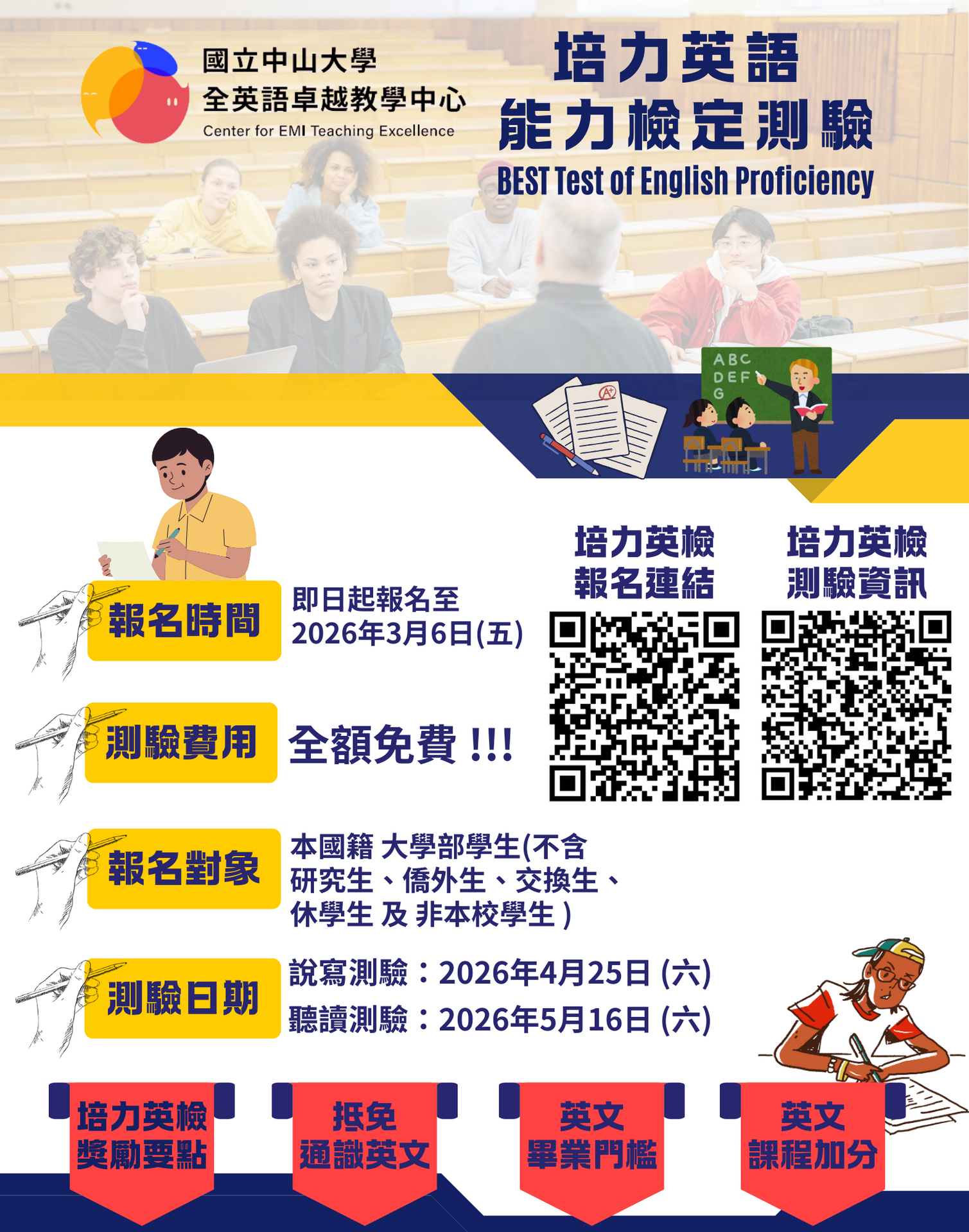 【考試】(尚未開放報名) 本校培力英檢將於115/4/25(六)與5/16(六)舉辦，歡迎踴躍報考，成績達B2最高獎勵4000元(點擊全頁檢視)圖片