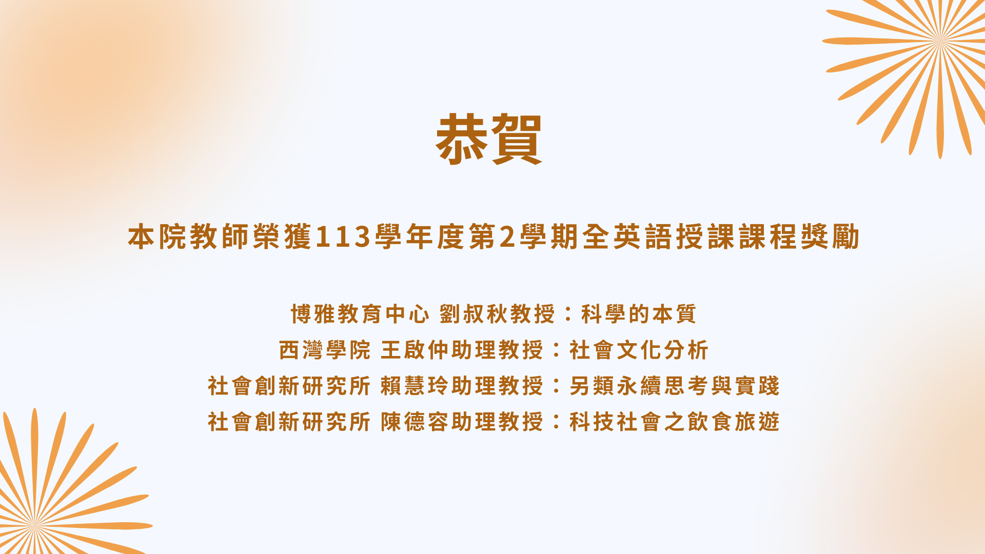 恭賀本院教師榮獲113-2全英語授課課程獎勵(點擊全頁檢視)圖片